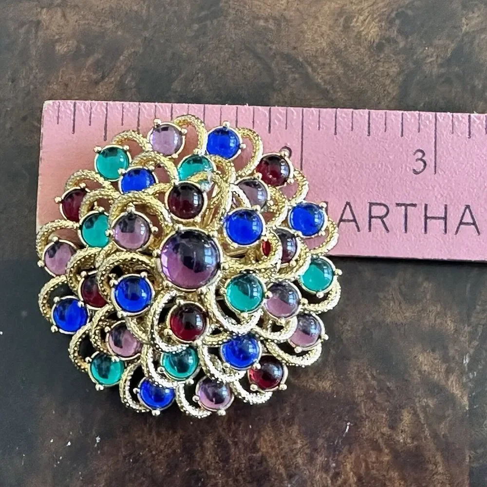 Monet Cluster Brooch 2.25 Inch Moghul Jewels Of India Gripoix Glass Gold‎ Plated